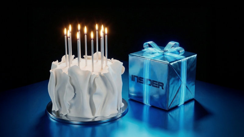 um bolo de aniversario em cima da mesa azul com velas e um presente escrito no meio insinder