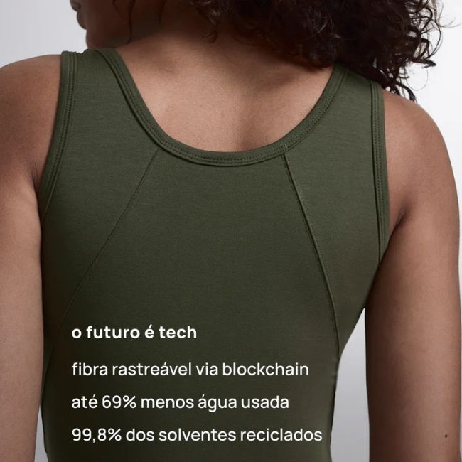 Roupa esportiva sustentável com fibra rastreável, produção com menos uso de água e processos ecoeficientes de reciclagem.