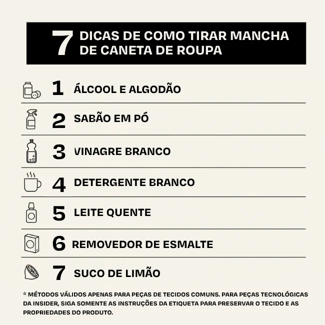 Infográfico com 7 dicas de como tirar mancha de caneta de roupa, apresentando métodos eficazes como álcool e algodão, vinagre branco, detergente branco, leite quente, removedor de esmalte, sabão em pó e suco de limão.